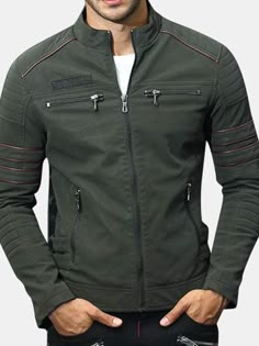 Men's Zipper Pu Leather Jackets - Olive Green - Image 2