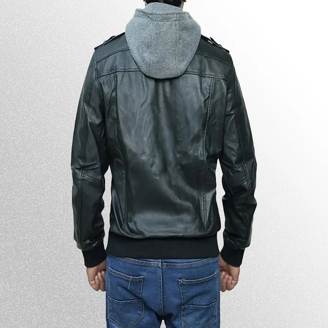 Men's Black Bomber Leather Jacket - Image 3