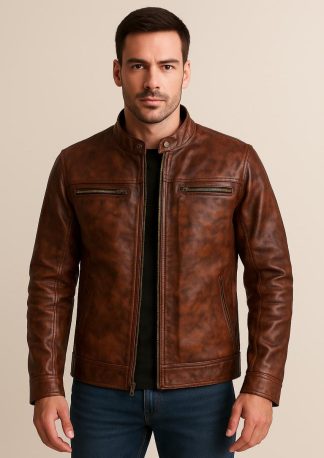 Menâs Distressed Brown Leather CafÃ© Racer Jacket