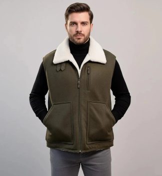 Olive Green Leather Shearling Fur Jacket