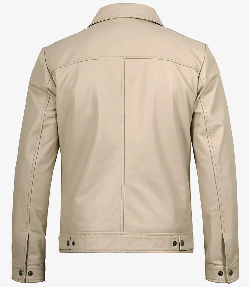 Men's Shirt Collar Beige Harrington Leather Jacket - Image 2