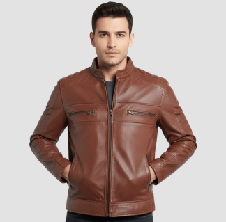 Menâs Racer Leather Jacket - Cognac Waxed