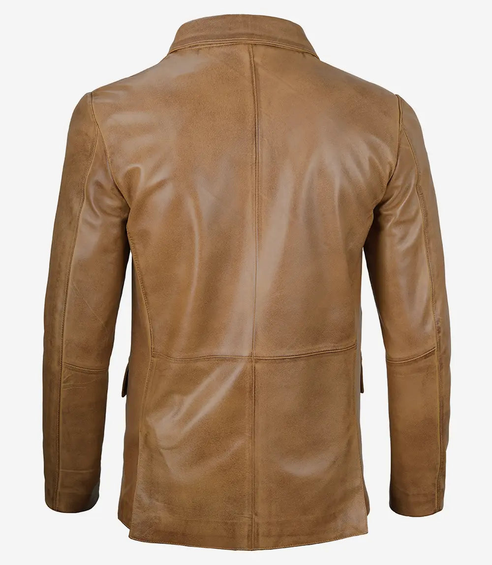 Men's Two Button Camel Brown Leather Blazer - Image 2