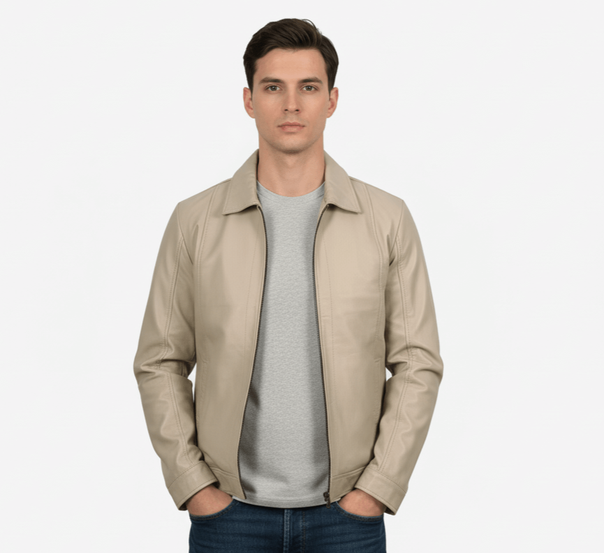 Men's Shirt Collar Beige Harrington Leather Jacket